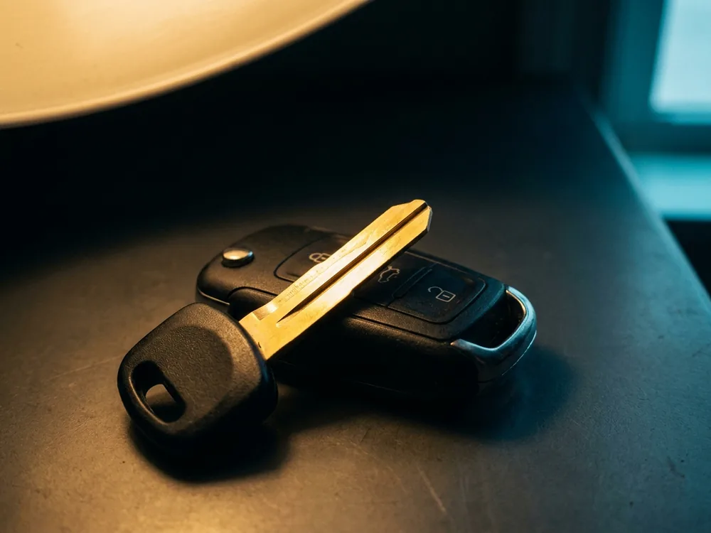 New smart key fob beside its freshly cut brass emergency blade on the bench
