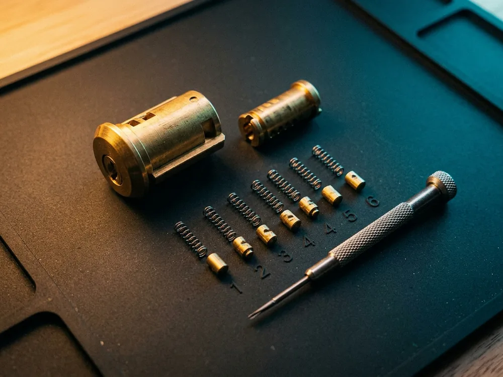 Car ignition lock cylinder taken apart on the bench with wafers and springs laid out in order