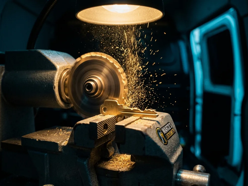 Key cutting machine mid-cut, the cutter biting into a brass blank with shavings spraying off