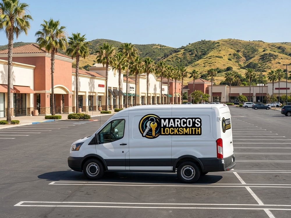 Marco's Locksmith service van parked outside an open-air shopping center