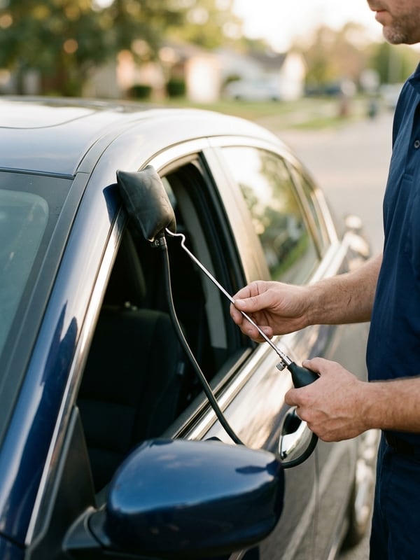 Damage-free car lockout in progress, reach tool guided through the door opening