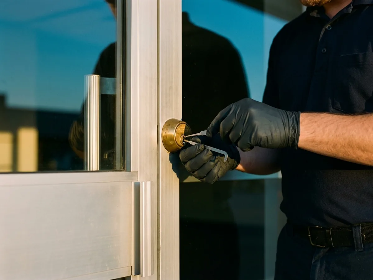 Technician working a tool into the mortise lock of an aluminum glass storefront door