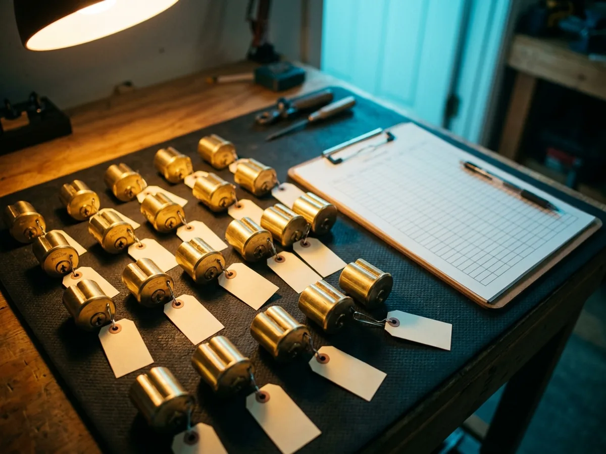 Row of brass mortise cylinders laid out in order with blank tags, during master key system work
