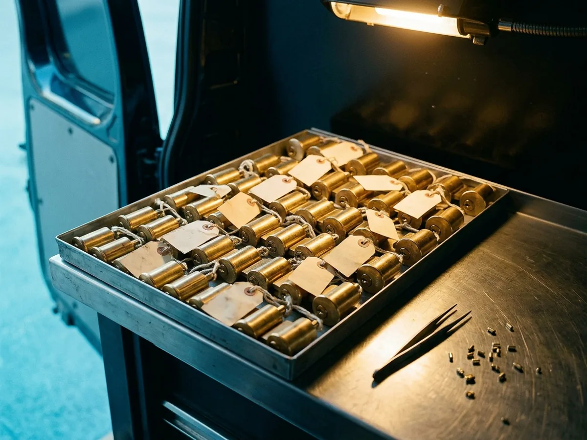 Tray of brass mortise cylinders rekeyed on the bench inside the mobile locksmith van