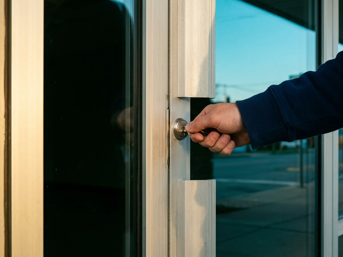 Newly fitted deadlatch on a narrow-stile aluminum glass storefront door