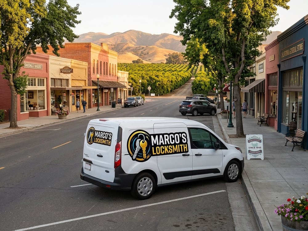 Marco's Locksmith service van parked on a small-town commercial street