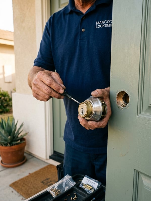 Front door rekey in progress on a porch, deadbolt cylinder out of the door