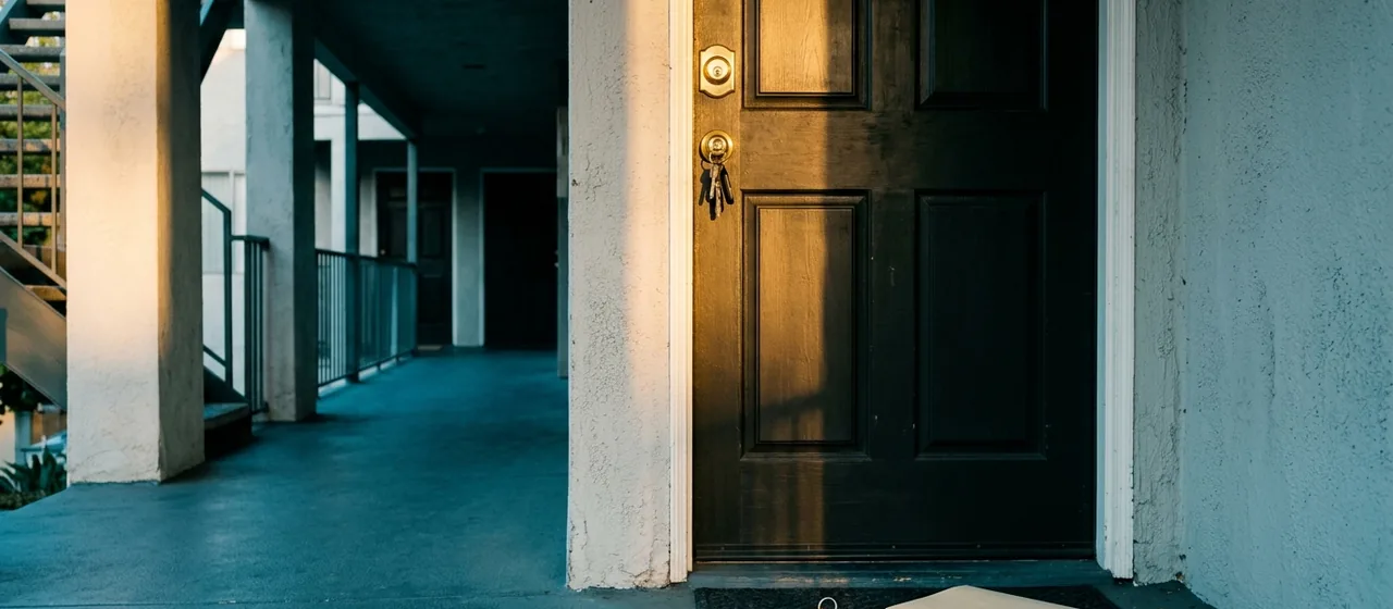 Apartment front door with a new deadbolt, keys and a plain folder resting on the threshold