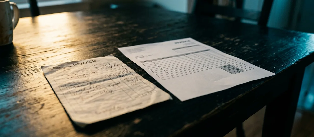 A scrawled handwritten invoice beside a clean printed one on a kitchen table