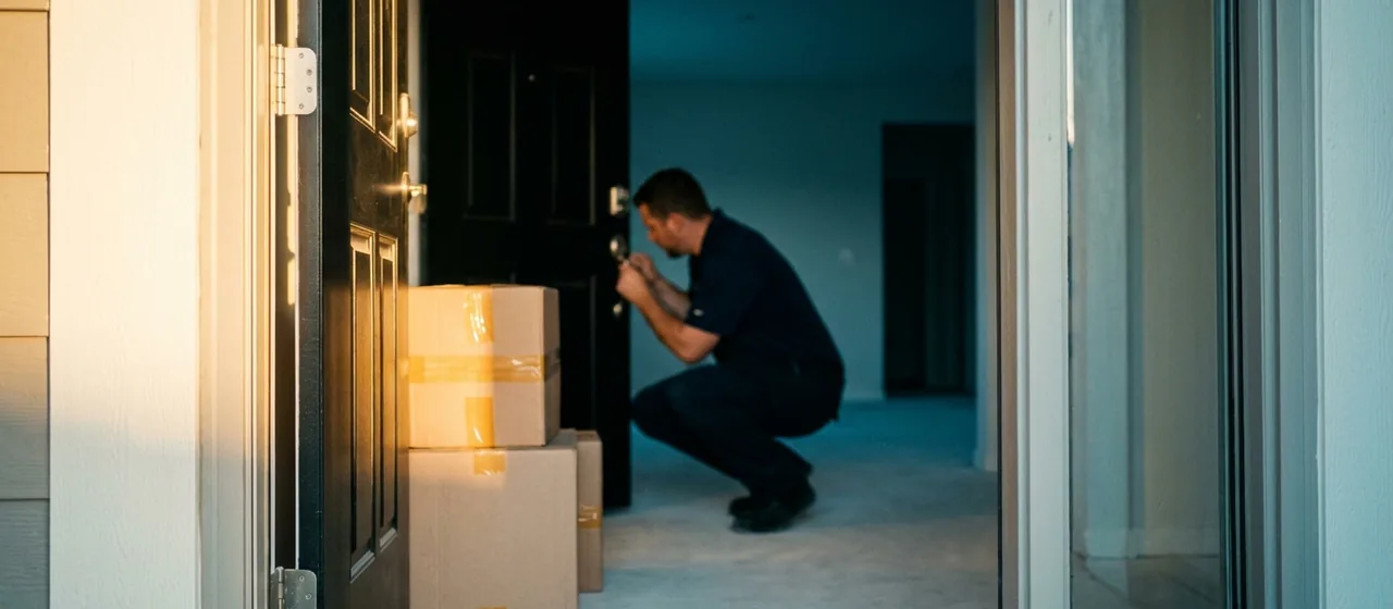 Moving boxes inside an open front door while the entry lock is rekeyed in the background