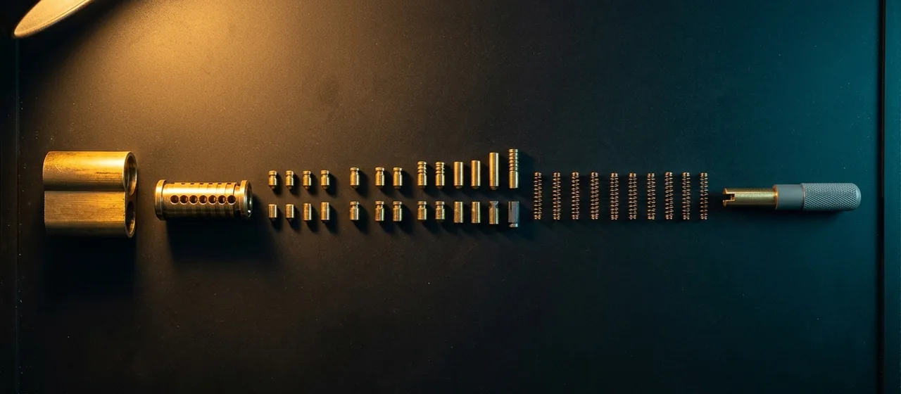 Lock cylinder fully disassembled and laid out in a line: housing, plug, key pins, springs and follower
