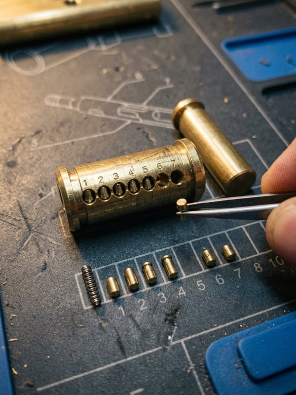 Lock cylinder being rekeyed on a pinning mat, key pins and brass follower laid out alongside