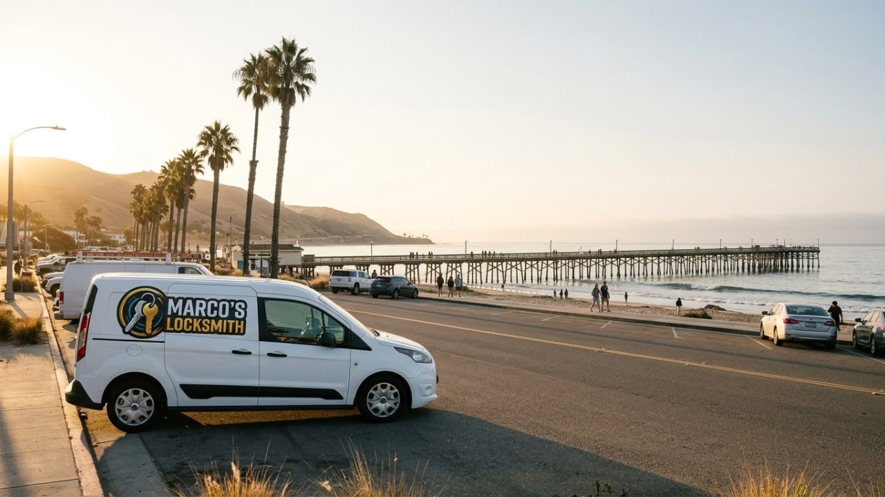 Marco's Locksmith Service van parked along a beachfront near a wooden pier at dusk