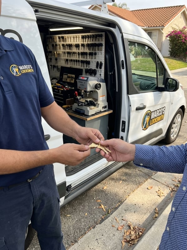 Freshly cut keys handed to a customer at the open door of the mobile locksmith van, key-cutting machine visible inside