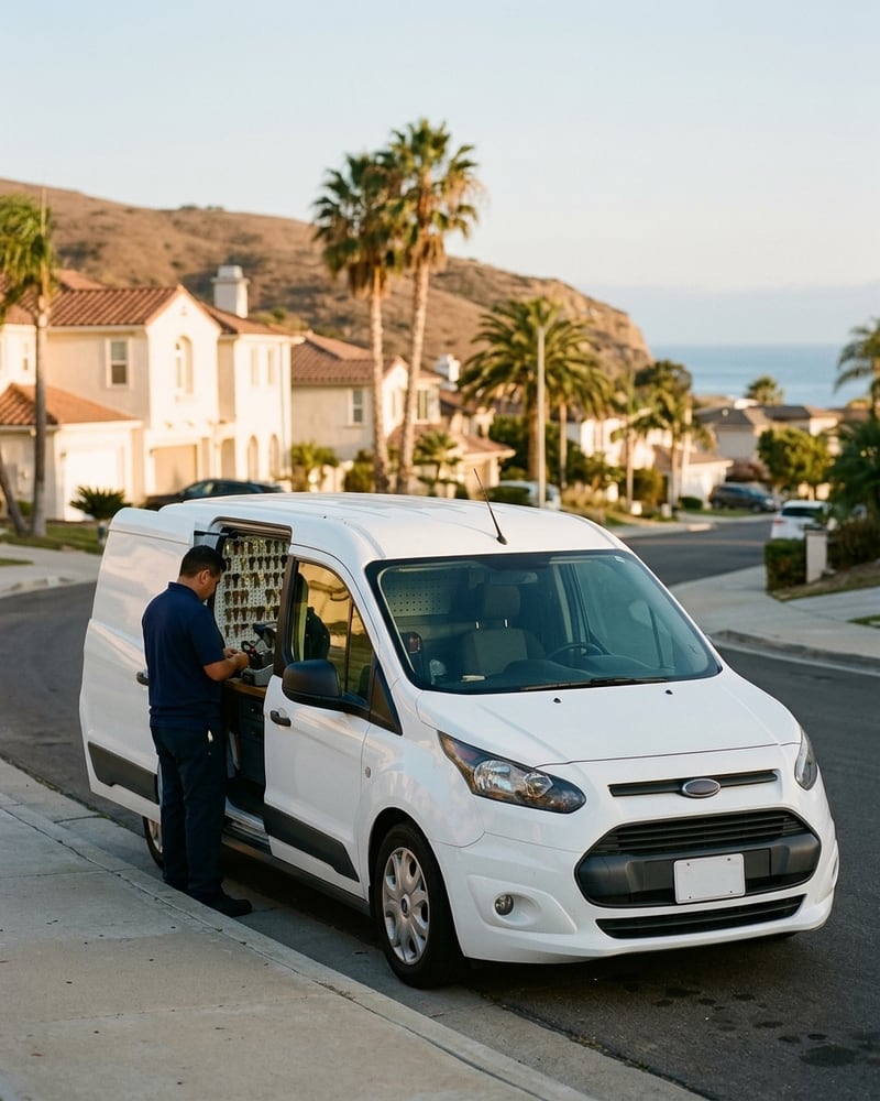 Marco's Locksmith Service mobile van parked at the curb, technician working at the open side door lined with key blanks