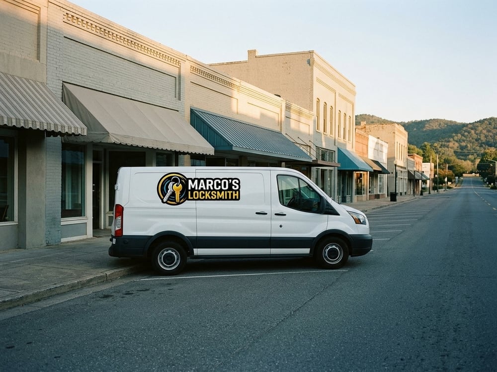Marco's Locksmith service van parked on a historic main street