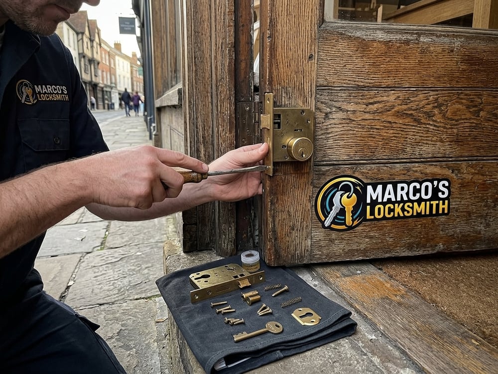 Mortise lock reassembled on a historic shopfront door