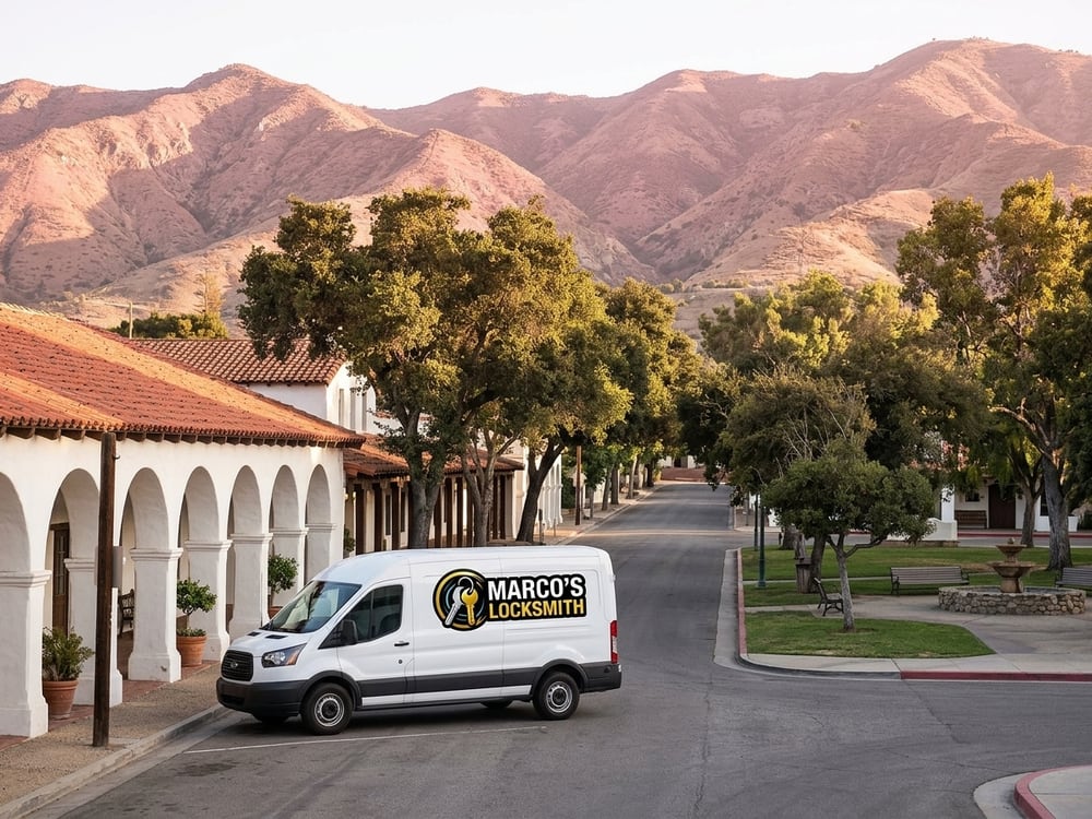 Marco's Locksmith service van parked beside a downtown arcade of shops