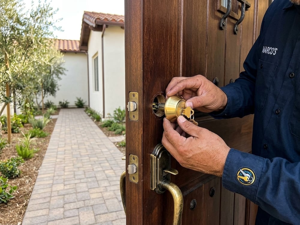 Rekeyed brass deadbolt cylinder being fitted to a front door