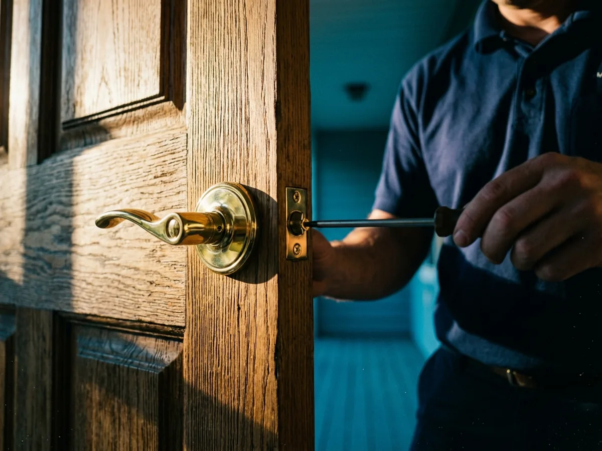 Brass lever handle on a wooden door with the latch faceplate being screwed into the door edge