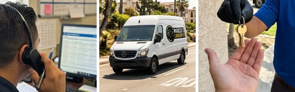 Three steps of a locksmith call: the dispatcher on the phone, the van on the road, and freshly cut keys handed to the customer