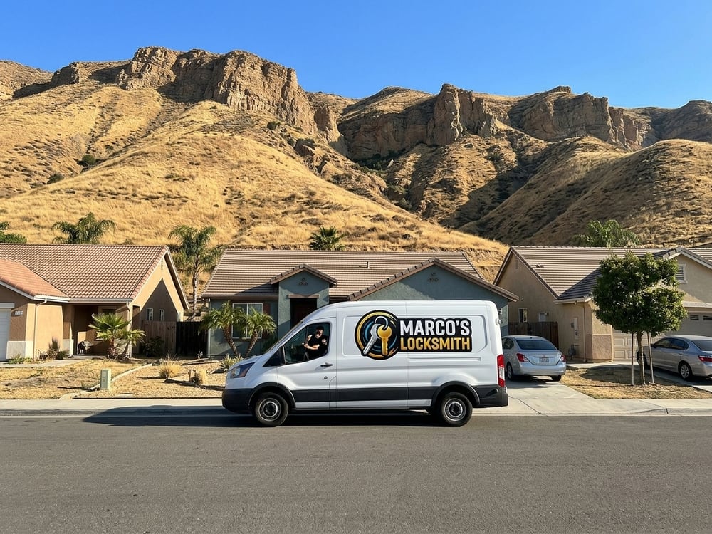 Marco's Locksmith service van parked on a street below sandstone ridges