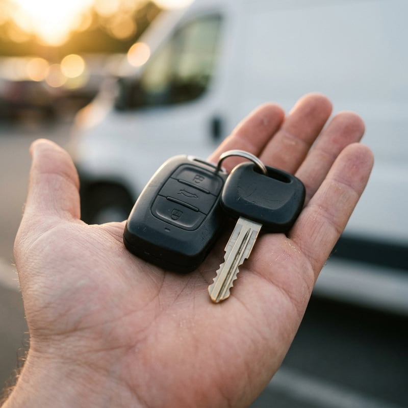 Two programmed smart key fobs and a freshly cut car key held in hand by a mobile locksmith