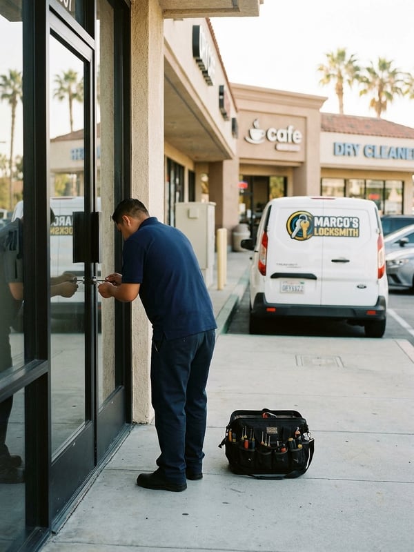 Technician servicing the lock on a commercial storefront door with the service van at the curb