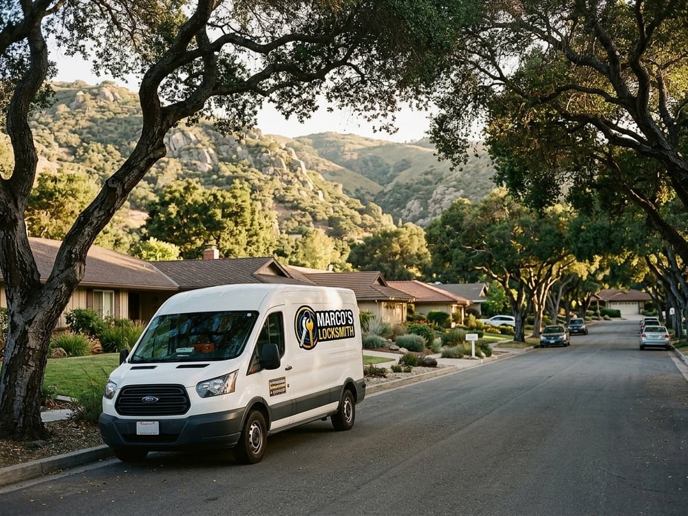 Marco's Locksmith service van parked on a suburban street lined with oaks