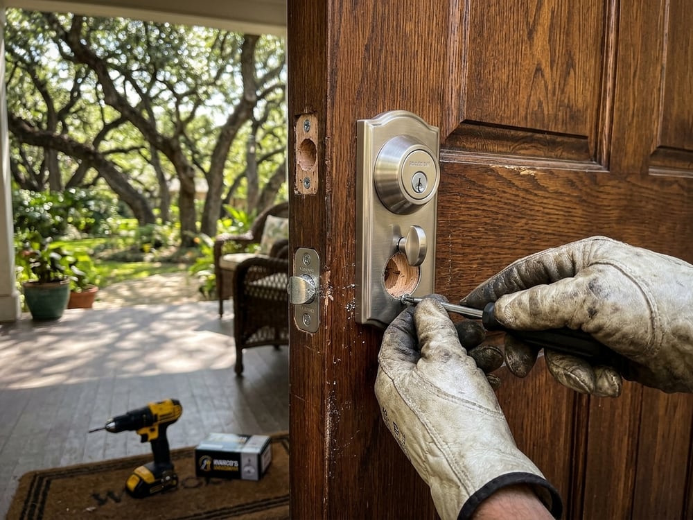 New deadbolt being installed on a front door