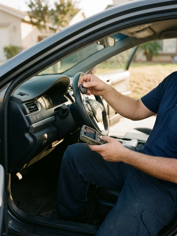 Transponder car key being programmed at the customer's vehicle with a handheld programmer